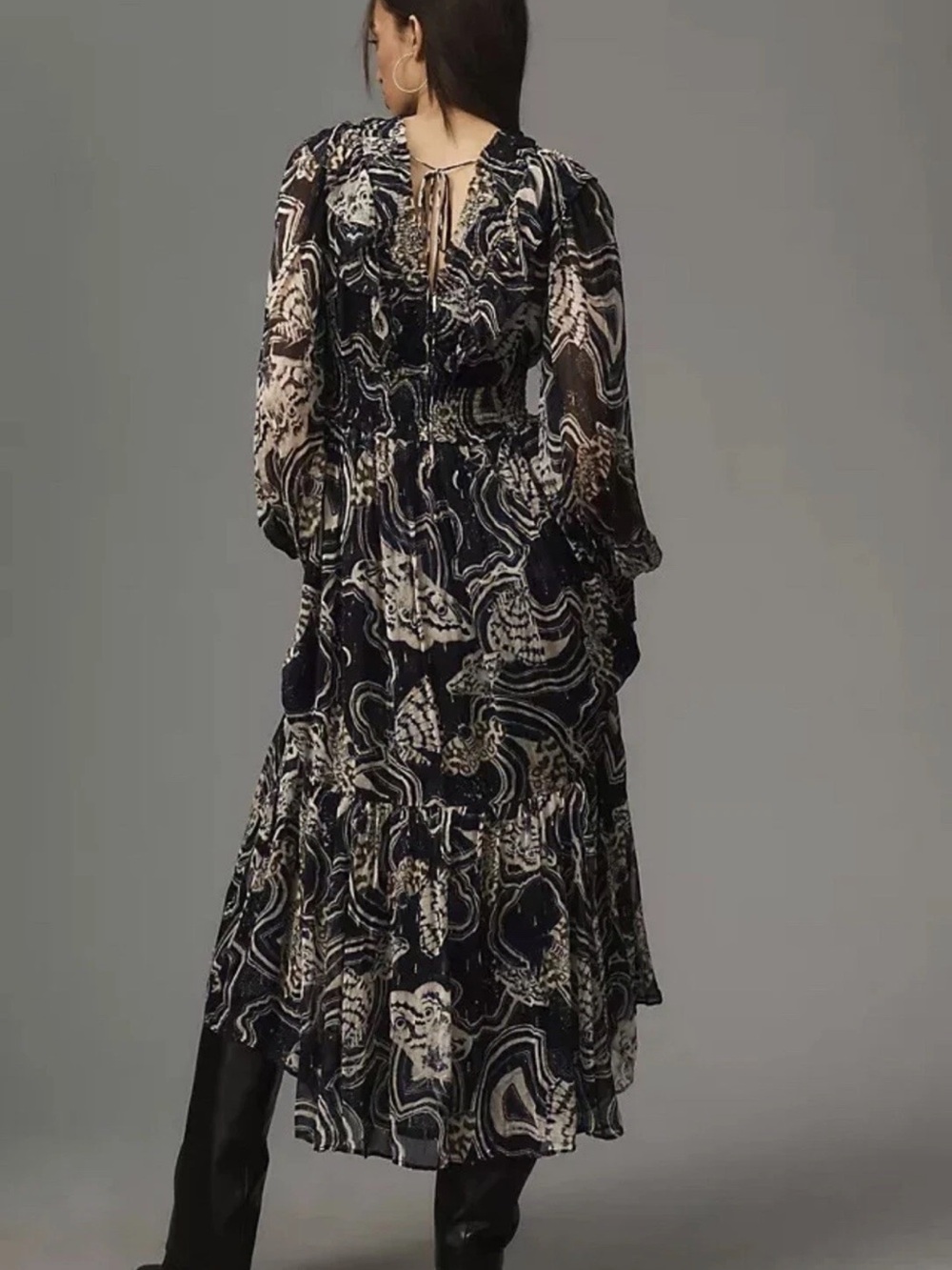 Abstract Swirl Long Sleeve Maxi Dress in Black & Cream